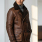 Scarlett Stitch men's brown distressed leather double-breasted winter jacket with dark shearling lining and epaulets