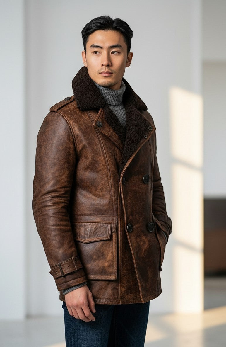 Scarlett Stitch men's brown distressed leather double-breasted winter jacket with dark shearling lining and epaulets