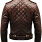 Scarlett Stitch men's brown leather motorcycle jacket with diamond-quilted back and ribbed sleeve detailing.