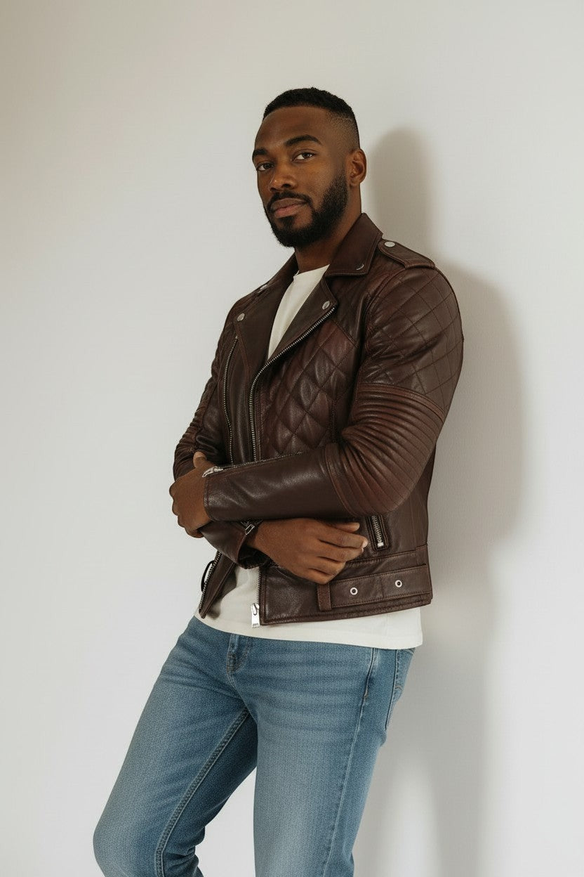 Scarlett Stitch men's brown quilted leather motorcycle jacket with asymmetrical zip and ribbed sleeve detailing.