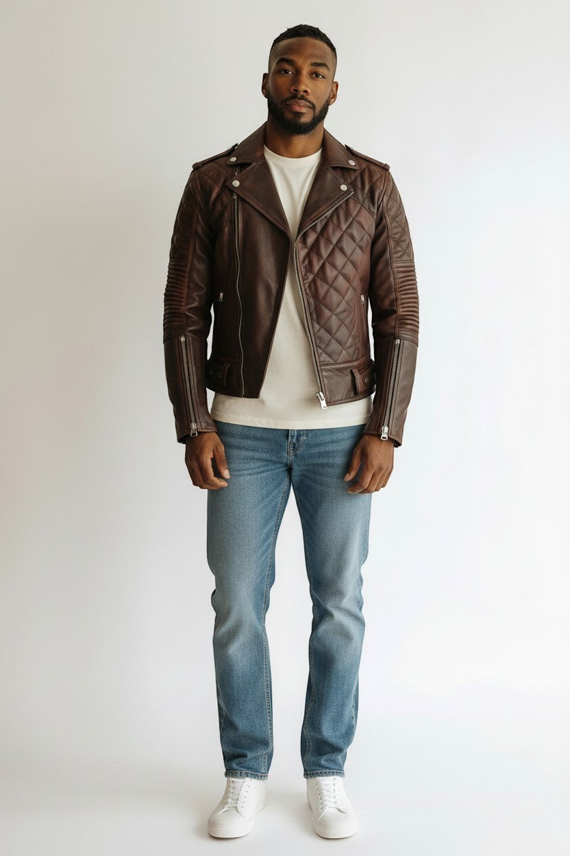 Scarlett Stitch men's brown quilted leather motorcycle jacket with asymmetrical zip and ribbed sleeve detailing.