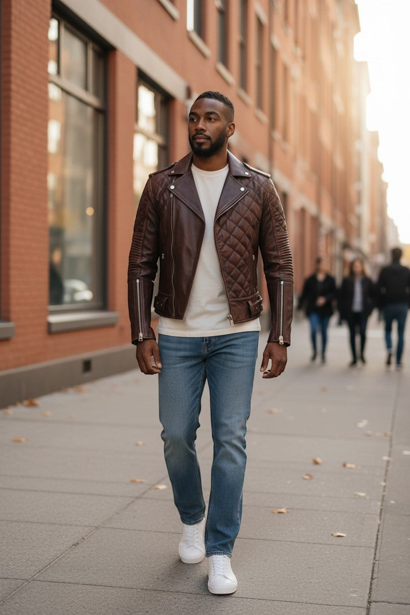 Scarlett Stitch men's brown quilted leather motorcycle jacket with asymmetrical zip worn by a man on a city street.