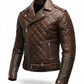 Scarlett Stitch men's brown leather motorcycle jacket with diamond-quilted chest, asymmetrical zip, and waist belt.