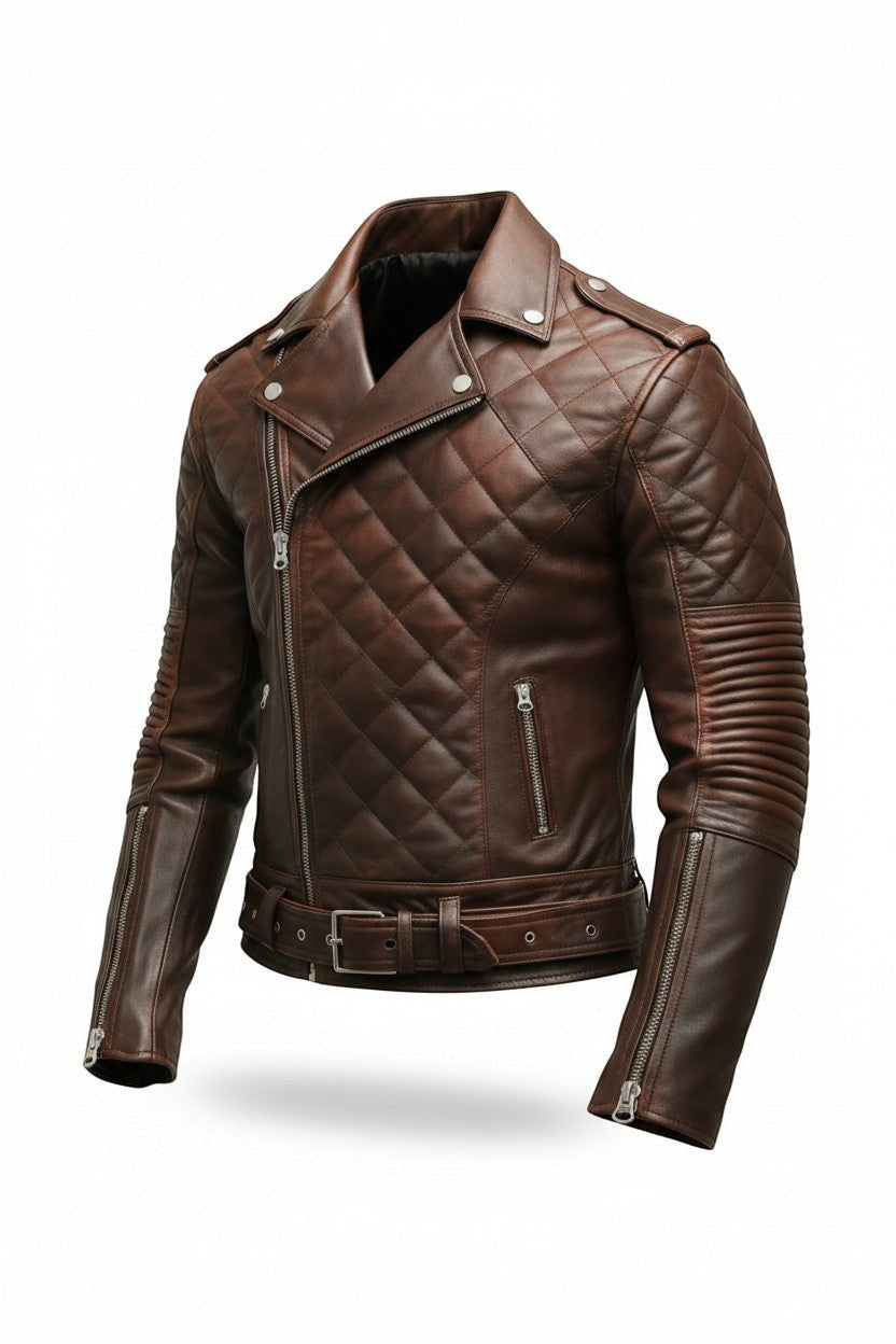 Scarlett Stitch men's brown leather motorcycle jacket with diamond-quilted chest, asymmetrical zip, and waist belt.