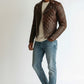Scarlett Stitch men's brown quilted leather motorcycle jacket with asymmetrical zip and ribbed sleeve detailing.