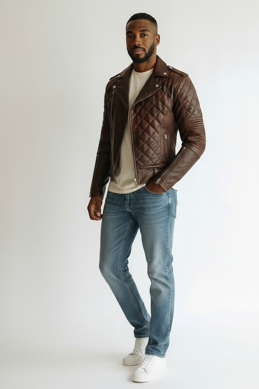 Scarlett Stitch men's brown quilted leather motorcycle jacket with asymmetrical zip and ribbed sleeve detailing.