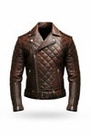 Scarlett Stitch men's brown leather motorcycle jacket with diamond-quilted chest, asymmetrical zip, and waist belt.
