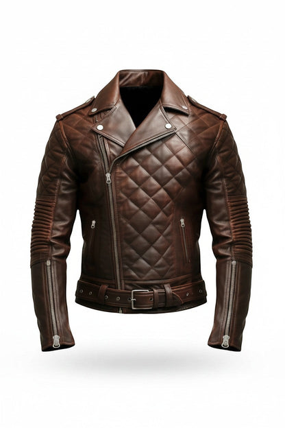 Scarlett Stitch men's brown leather motorcycle jacket with diamond-quilted chest, asymmetrical zip, and waist belt.