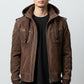 Scarlett Stitch Men's brown suede hooded bomber jacket with zip pockets and epaulet details.