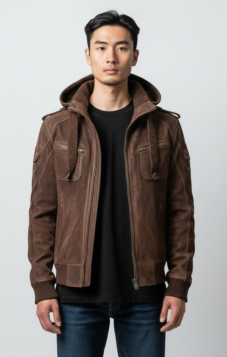 Scarlett Stitch Men's brown suede hooded bomber jacket with zip pockets and epaulet details.