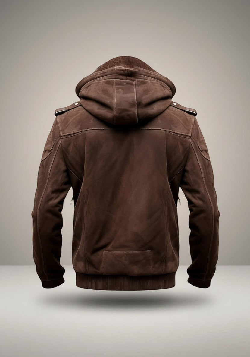 Scarlett Stitch Men's brown suede hooded bomber jacket with ribbed cuffs and hem, epaulet details, and zippered pockets.
