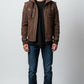Scarlett Stitch Men's brown suede hooded bomber jacket with zip pockets and epaulet details.