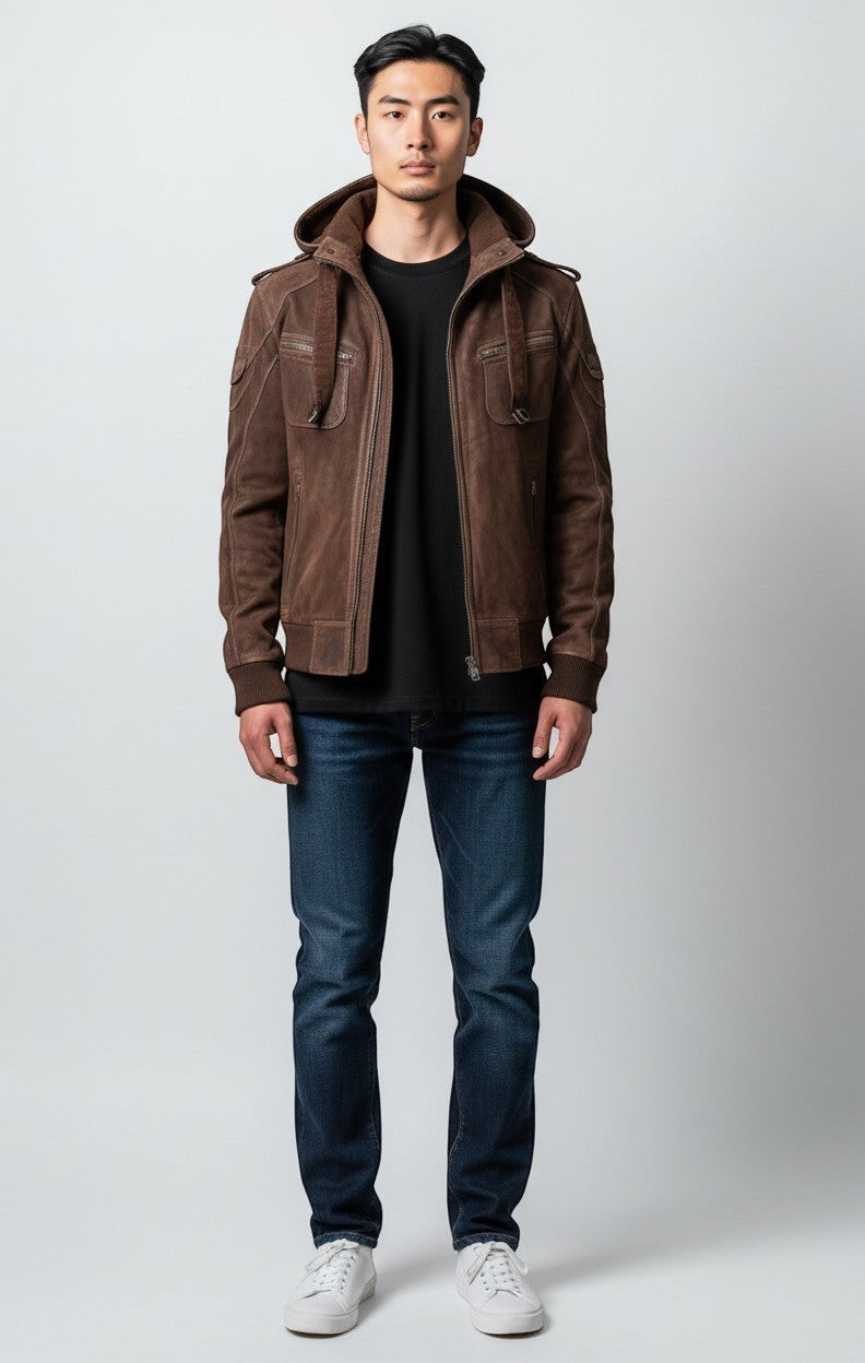 Scarlett Stitch Men's brown suede hooded bomber jacket with zip pockets and epaulet details.