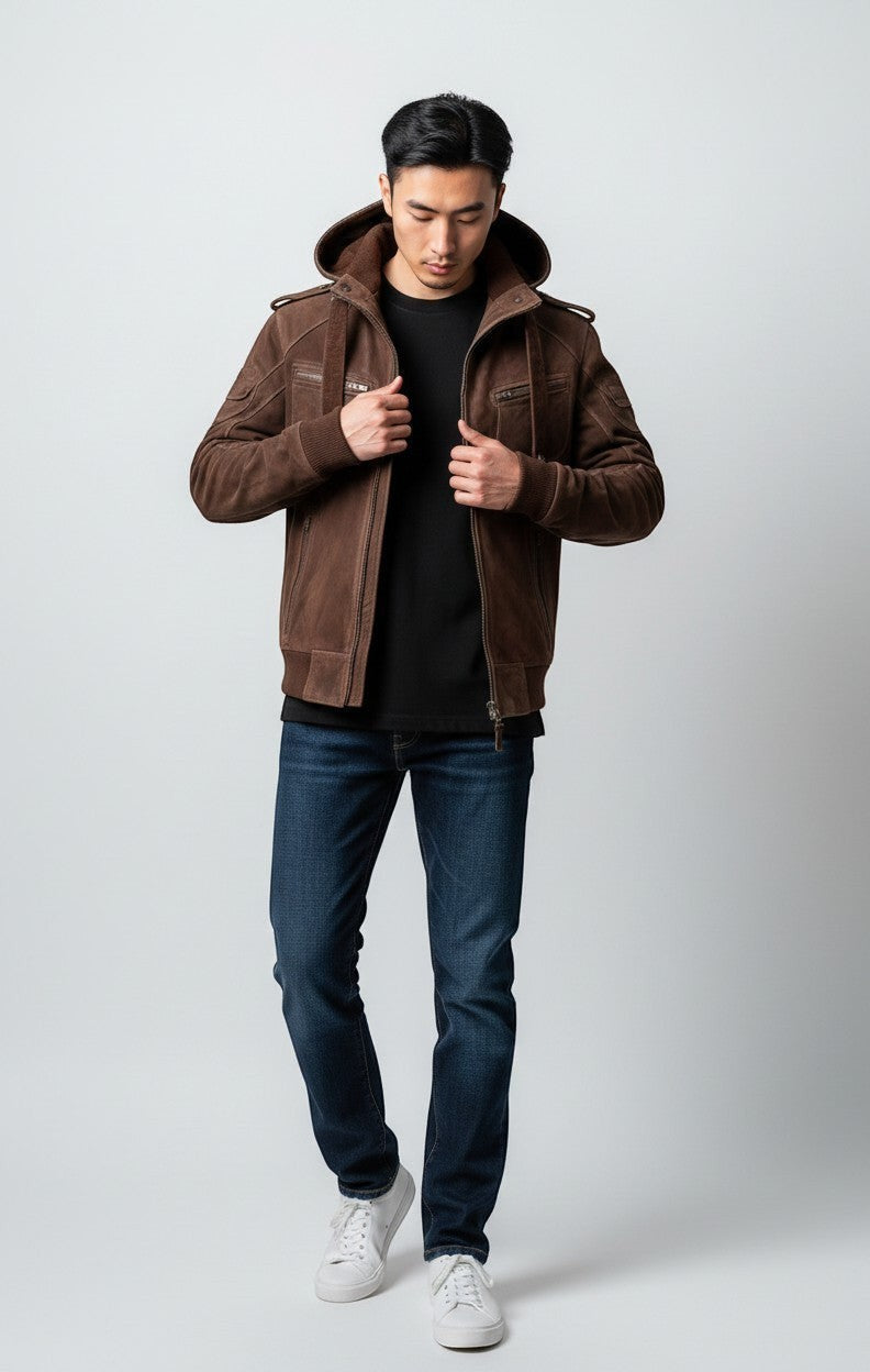 Scarlett Stitch Men's brown suede hooded bomber jacket with zip front, ribbed cuffs, and epaulet details.