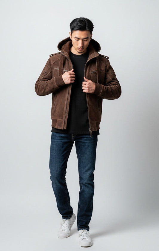Scarlett Stitch Men's brown suede hooded bomber jacket with zip front, ribbed cuffs, and epaulet details.
