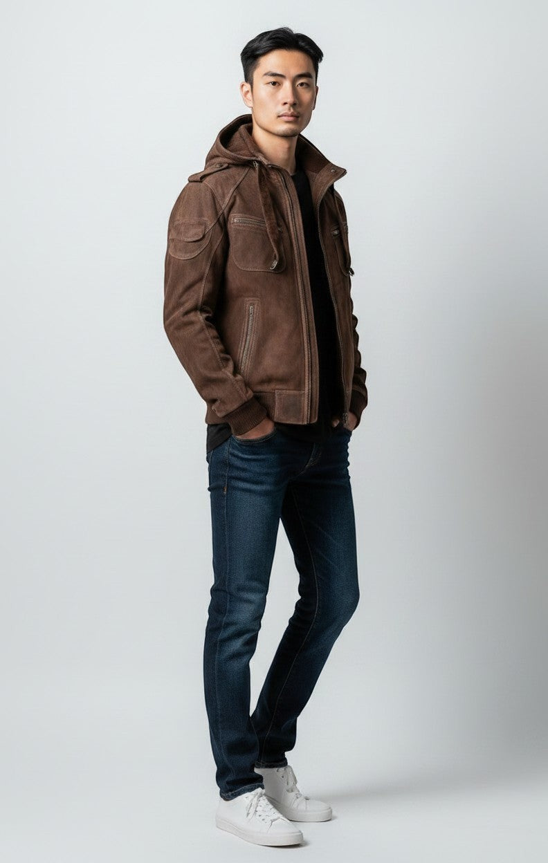 Scarlett Stitch Men's brown suede hooded bomber jacket with zip pockets and epaulet details.