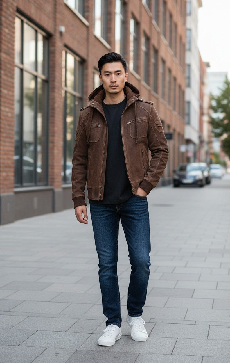 Scarlett Stitch men's brown suede hooded bomber jacket with zip pockets and epaulets, worn with jeans and sneakers.