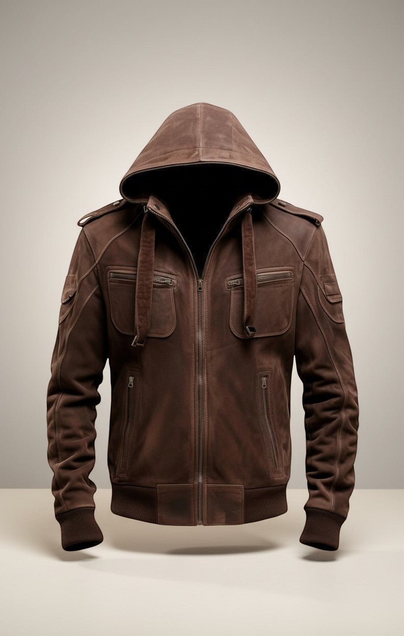Scarlett Stitch Men's brown suede hooded bomber jacket with zip pockets and epaulet details.