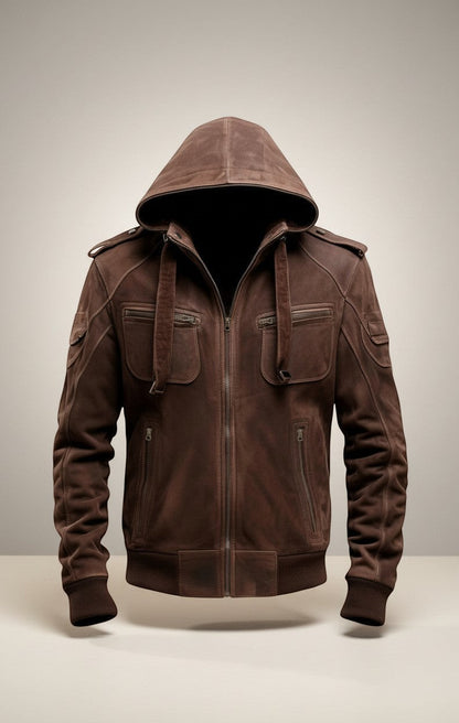 Scarlett Stitch Men's brown suede hooded bomber jacket with zip pockets and epaulet details.