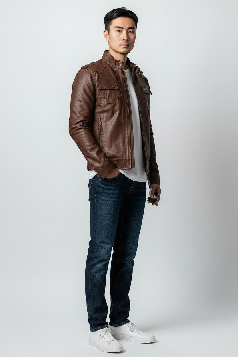 Man wearing a brown Scarlett Stitch faux leather utility jacket with chest pockets and stand-up collar over a white tee
