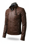 Scarlett Stitch brown faux leather utility jacket with stand-up collar, chest pockets, and zip front on mannequin.