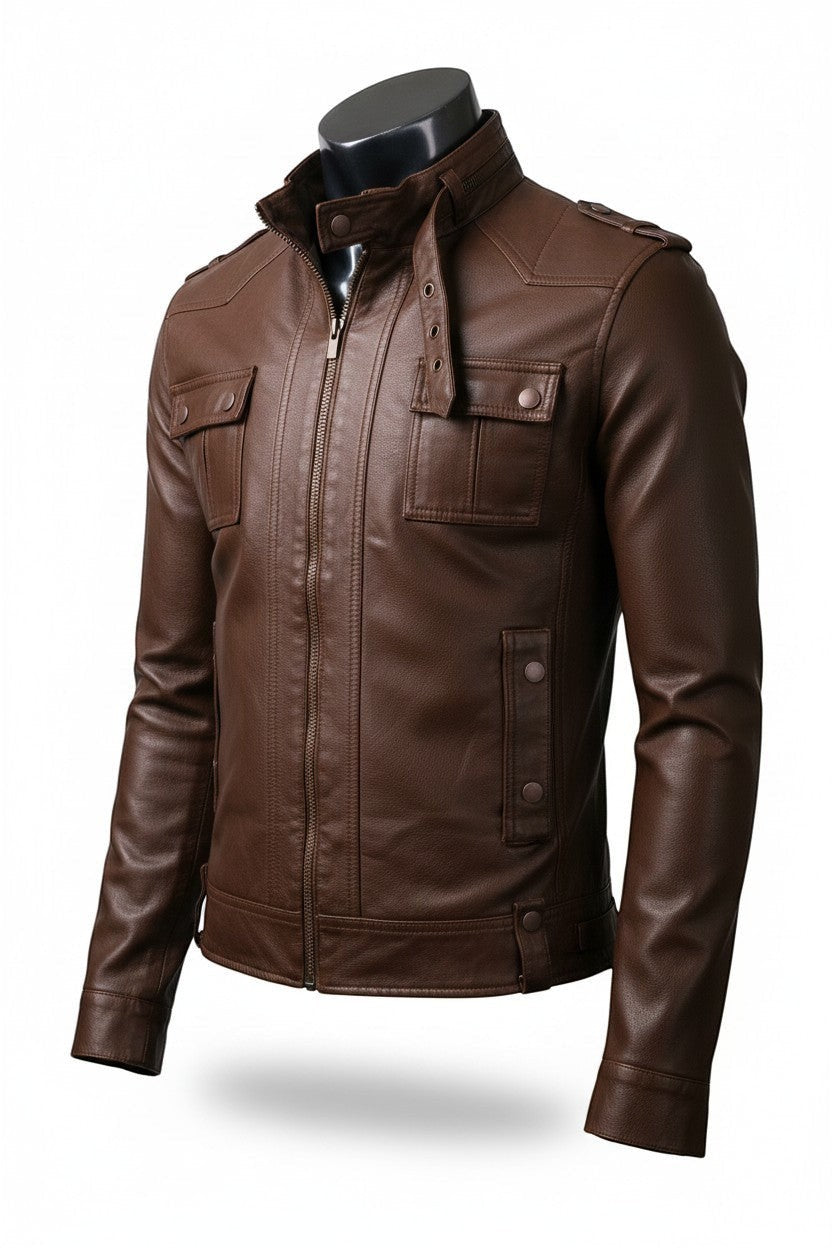 Scarlett Stitch brown faux leather utility jacket with stand-up collar, chest pockets, and zip front on mannequin.