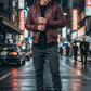 Scarlett Stitch burgundy faux leather hooded bomber jacket with ribbed cuffs and hem, zip front, and chest pockets.