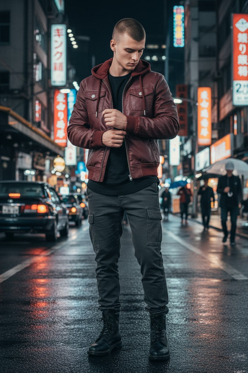 Scarlett Stitch burgundy faux leather hooded bomber jacket with ribbed cuffs and hem, zip front, and chest pockets.