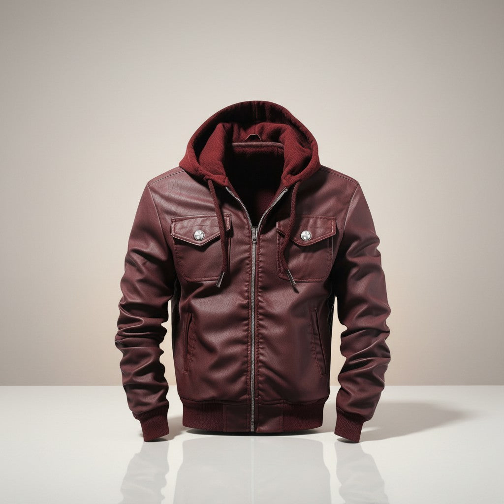 Scarlett Stitch burgundy faux leather hooded bomber jacket with ribbed cuffs and hem, and two chest pockets.