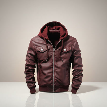 Scarlett Stitch burgundy faux leather hooded bomber jacket with ribbed cuffs and hem, and two chest pockets.