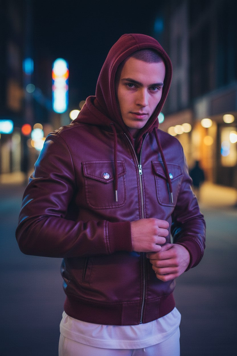 Scarlett Stitch burgundy faux leather hooded bomber jacket with zip front and chest pockets on a man at night.