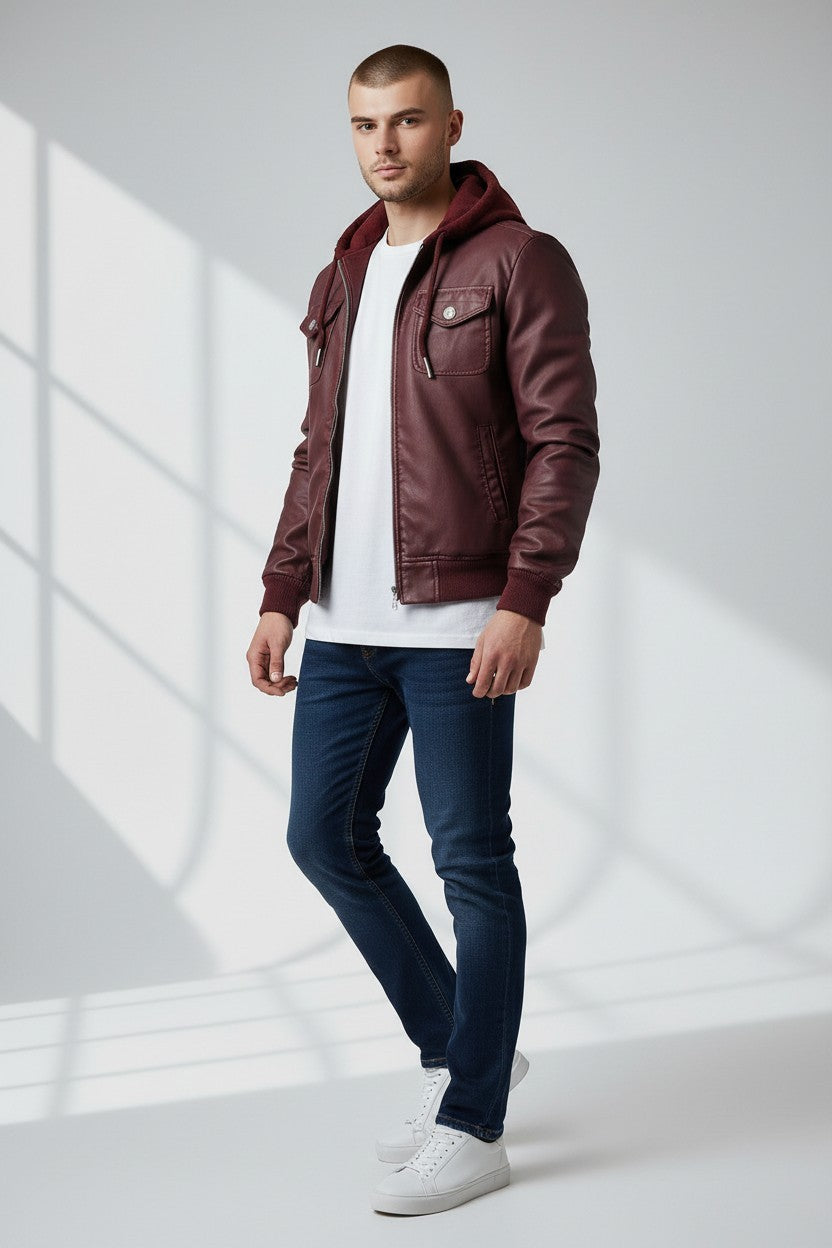 Scarlett Stitch burgundy faux leather hooded bomber jacket with ribbed cuffs and two chest pockets.