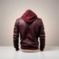 Scarlett Stitch burgundy faux leather hooded bomber jacket with ribbed cuffs and hem.