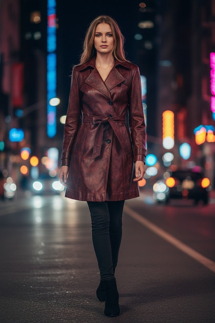 Scarlett Stitch burgundy faux leather double-breasted belted trench coat worn by a woman on a city street at night.