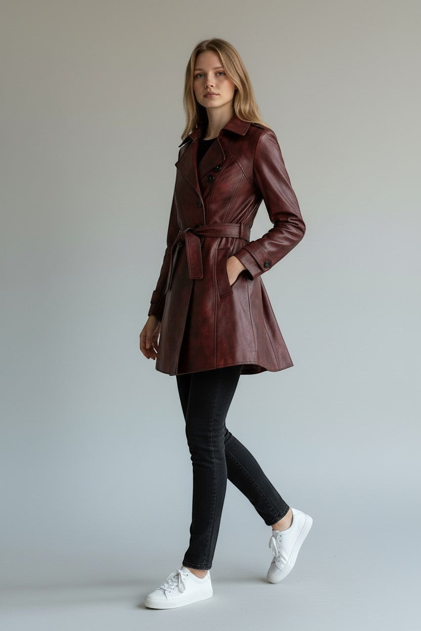 Model wearing a Scarlett Stitch burgundy faux leather double-breasted belted trench coat with black jeans and sneakers