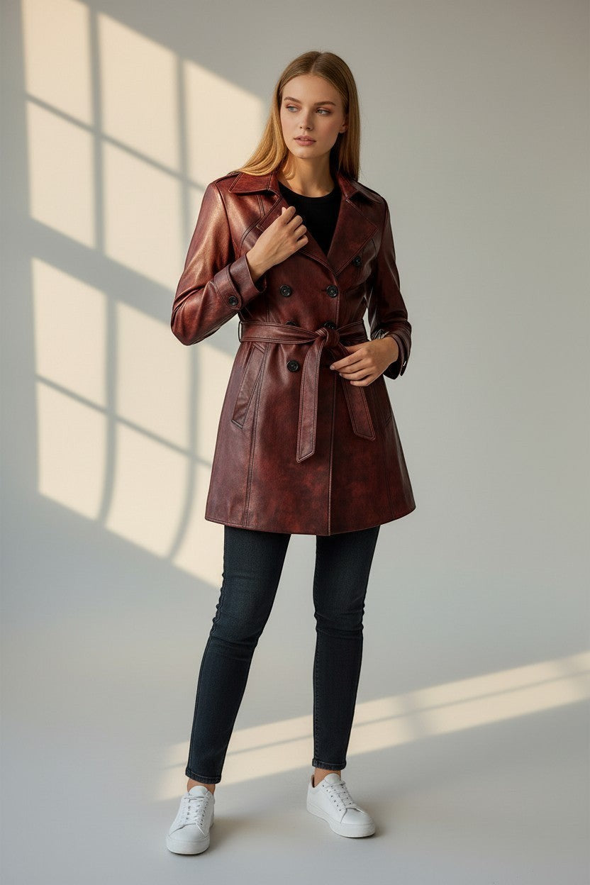 Scarlett Stitch burgundy faux leather double-breasted trench coat with a belted waist worn by a model.