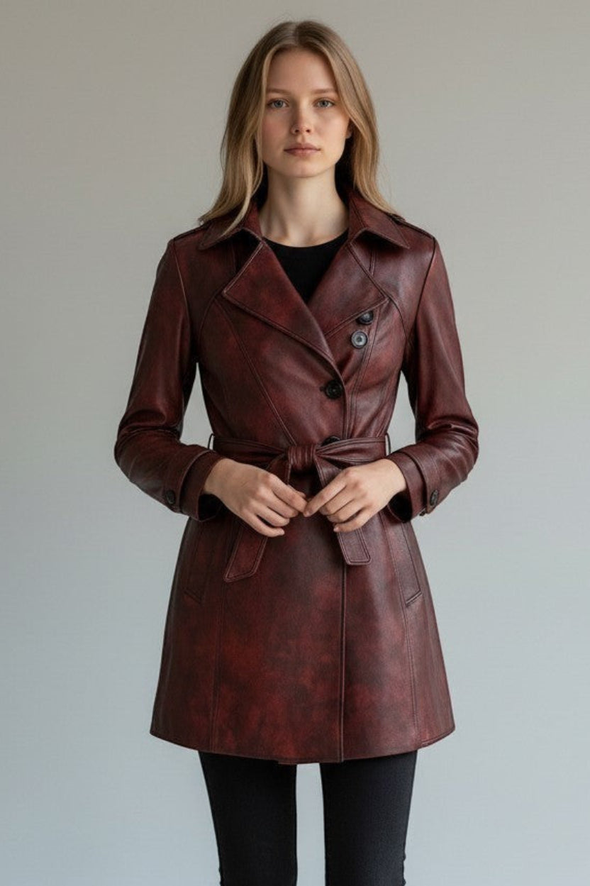 Model wearing a Scarlett Stitch burgundy faux leather double-breasted belted trench coat with notched lapels.