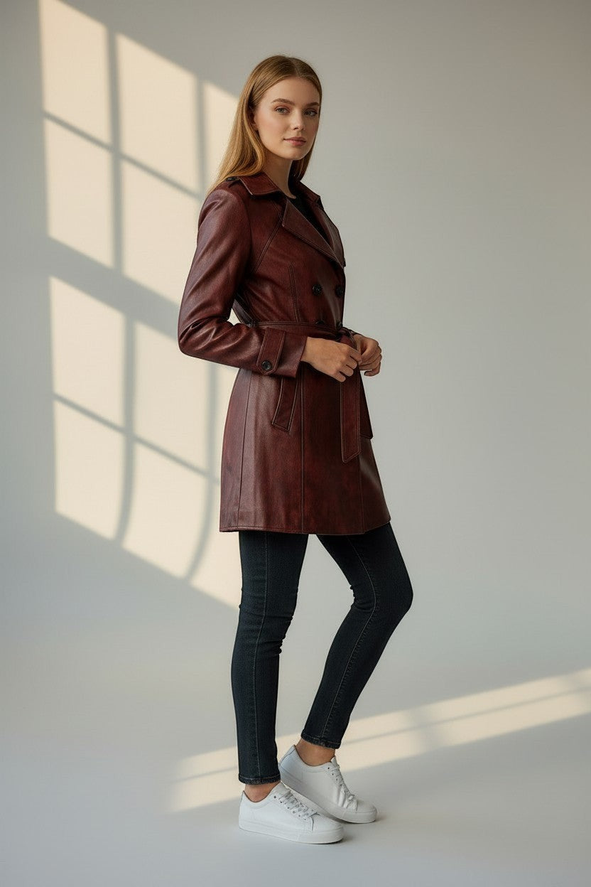 Scarlett Stitch burgundy faux leather double-breasted belted trench coat worn by a model with black jeans and sneakers