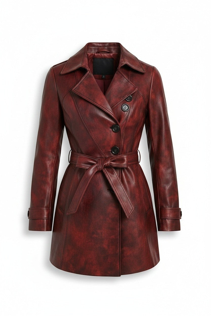 Scarlett Stitch burgundy faux leather double-breasted trench coat with a belted waist and notched lapels.