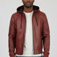 Scarlett Stitch men's hooded bomber jacket in deep burgundy leather with quilted shoulders and ribbed cuffs.