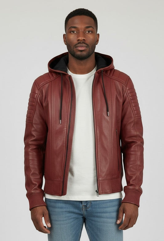 Scarlett Stitch men's hooded bomber jacket in deep burgundy leather with quilted shoulders and ribbed cuffs.