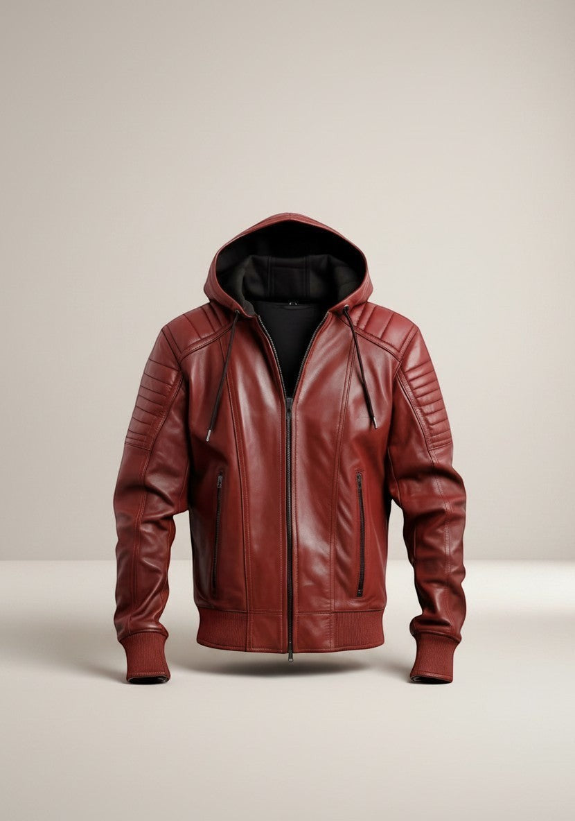 Scarlett Stitch Men's hooded leather bomber jacket in deep burgundy with quilted shoulders and zippered pockets.