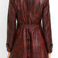Scarlett Stitch burgundy faux leather trench coat with a belted waist and button-detail back view