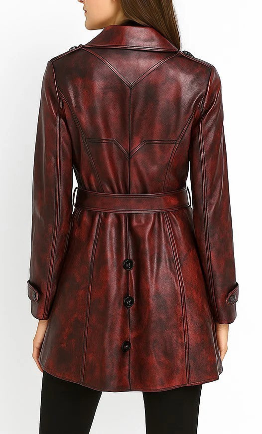 Scarlett Stitch burgundy faux leather trench coat with a belted waist and button-detail back view
