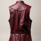 Scarlett Stitch men's burgundy leather vest with lapel collar, button front, and adjustable belt detail.