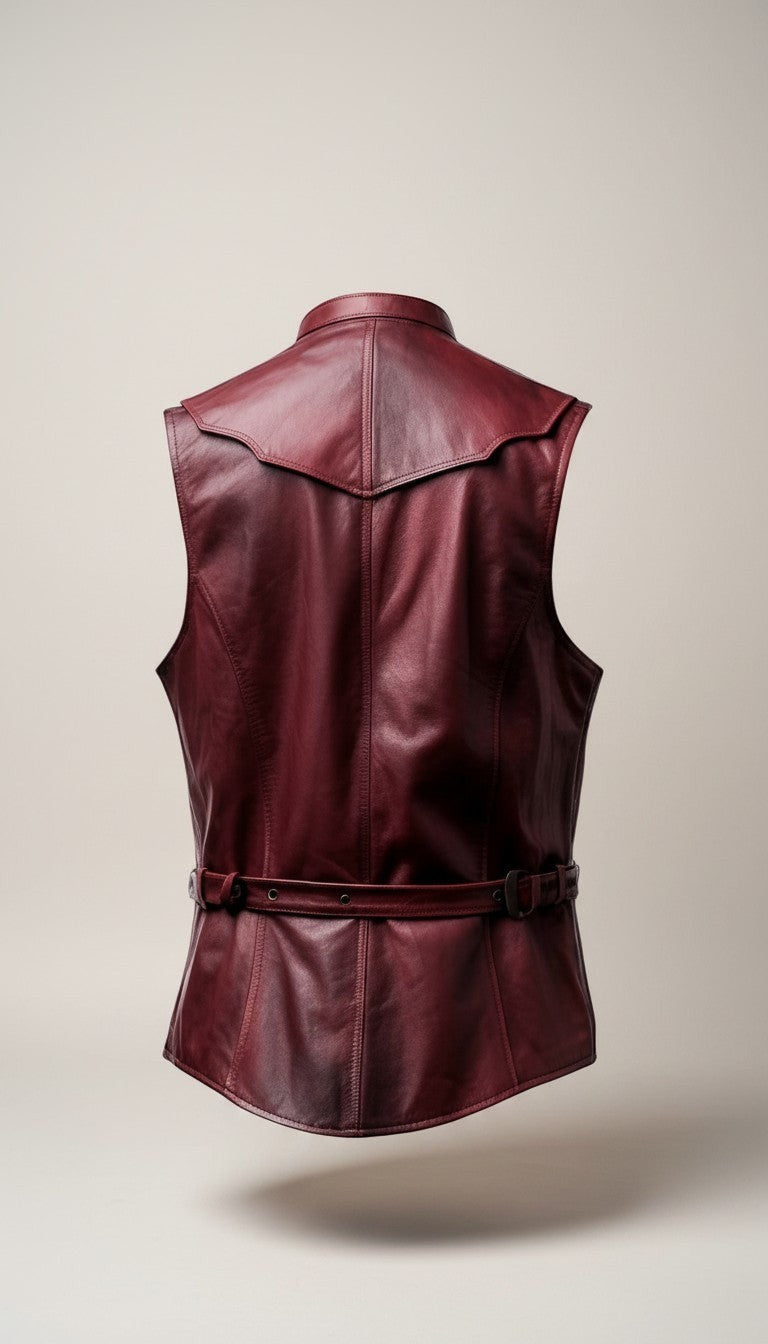 Scarlett Stitch men's burgundy leather vest with lapel collar, button front, and adjustable belt detail.