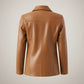 Scarlett Stitch caramel faux leather utility jacket with multiple pockets and gold-tone buttons.