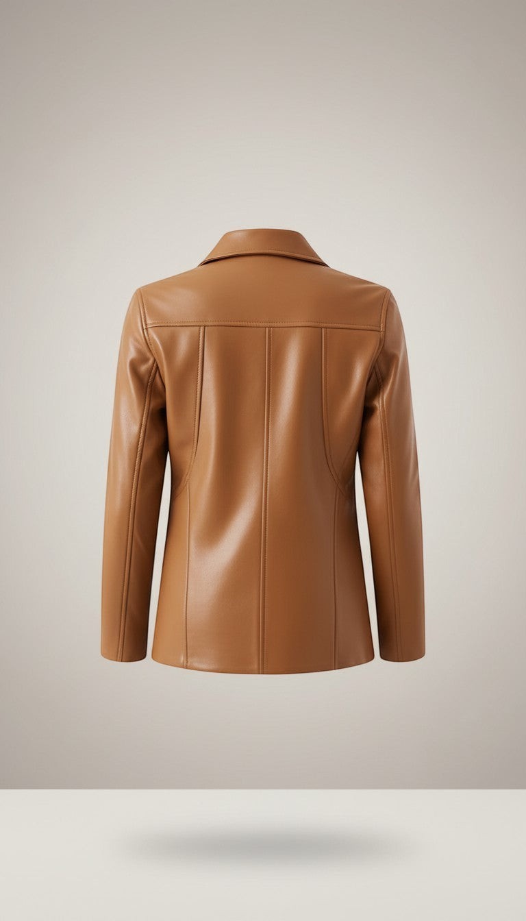 Scarlett Stitch caramel faux leather utility jacket with multiple pockets and gold-tone buttons.