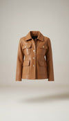 Scarlett Stitch caramel faux leather utility jacket with four front pockets and gold-tone buttons.