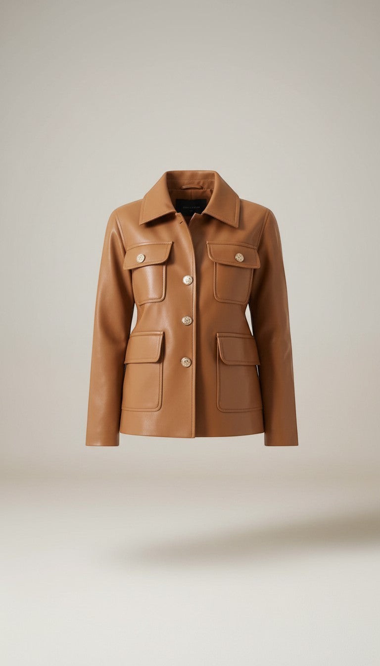 Scarlett Stitch caramel faux leather utility jacket with four front pockets and gold-tone buttons.